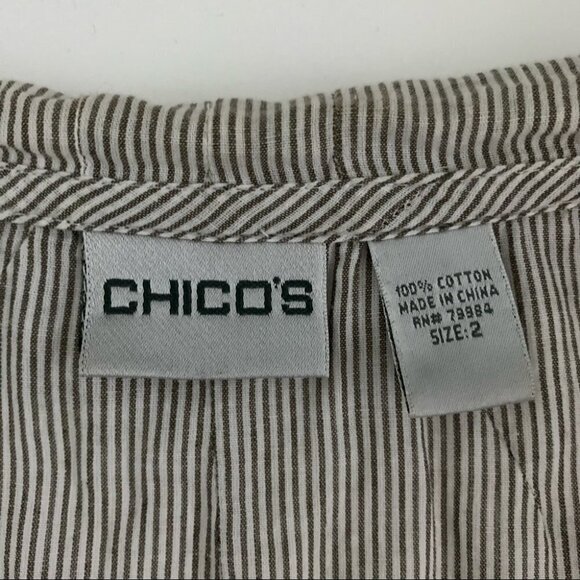 𝅺Chico’s Long Sleeve Ruffle Blouse Grey & White Stripe Size L - Picture 2 of 5